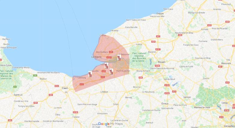 Zone d'intervention de Seine-Maritime - Eure - Calvados en Normandie : ramonage, débistrage, installation de poêles, entretien de poêles, etc.